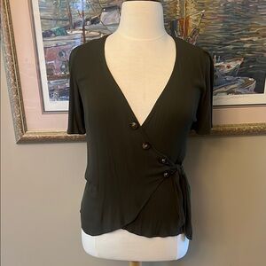 Olive Buttoned Surplus Wrap Top